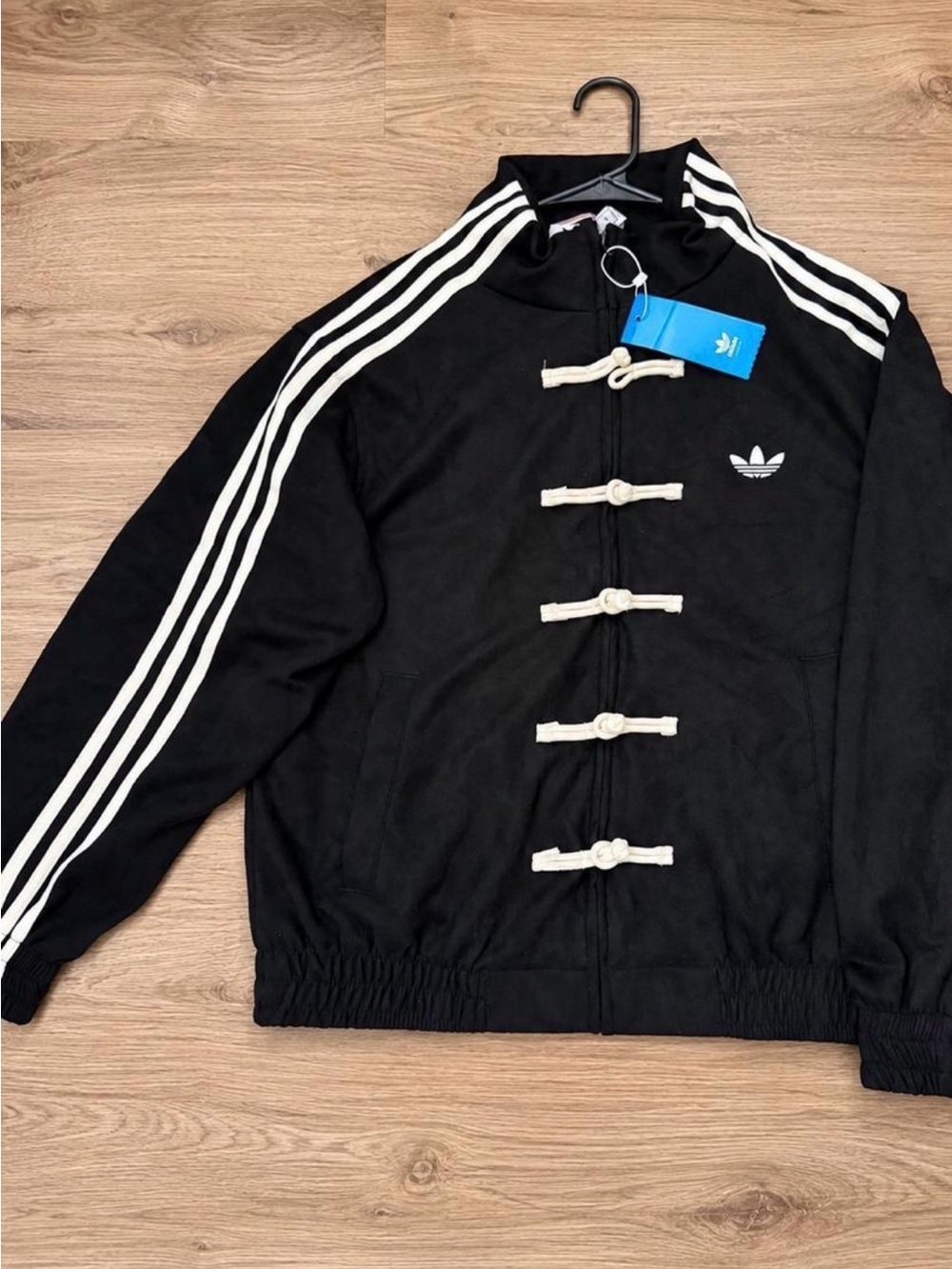 adidas Black Track Jacket with White Stripes and Toggle Closuresu unisex